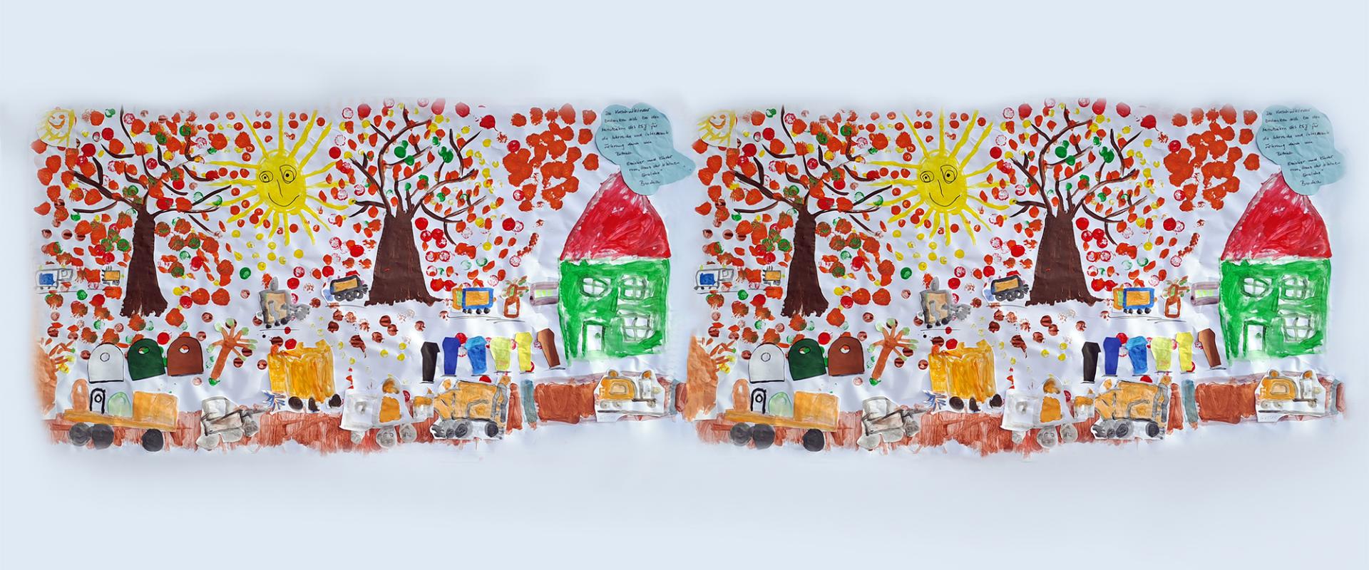 Plakat mit bunten Abfallmotiven gestaltet von Kita-Kindern