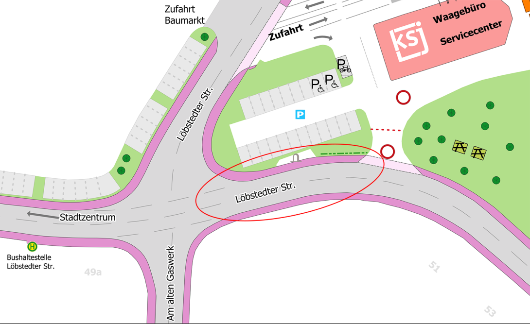 Karte mit eingezeichneter kurzzeitiger Vollsperrung – Abschnitt der Löbstedter Straße