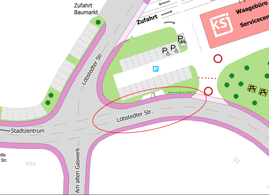 Karte mit eingezeichneter kurzzeitiger Vollsperrung – Abschnitt der Löbstedter Straße